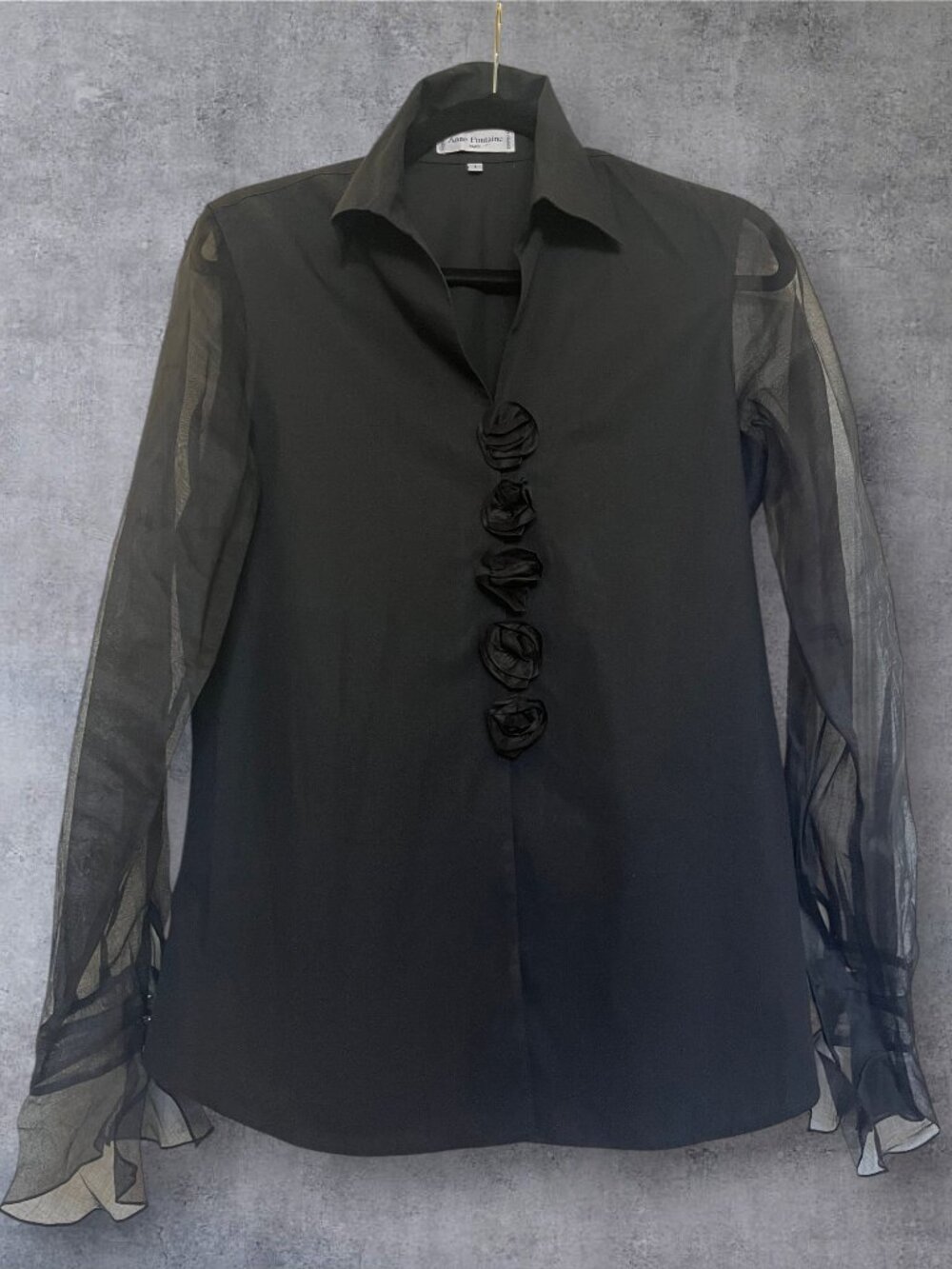 Anne Fontaine Black Button-Down Blouse with Sheer Organza Ruffle Sleeves